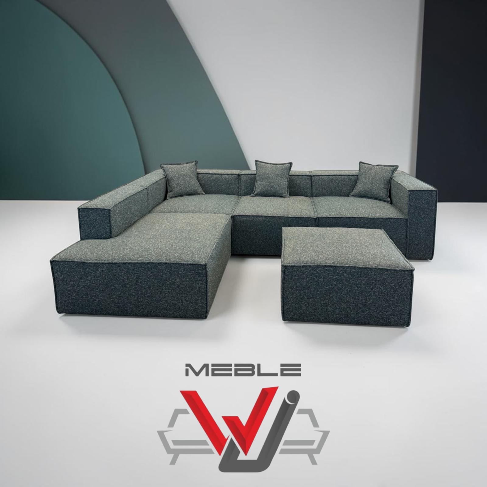 Polsterecksofa mit Hocker und WJ-Meble-Logo