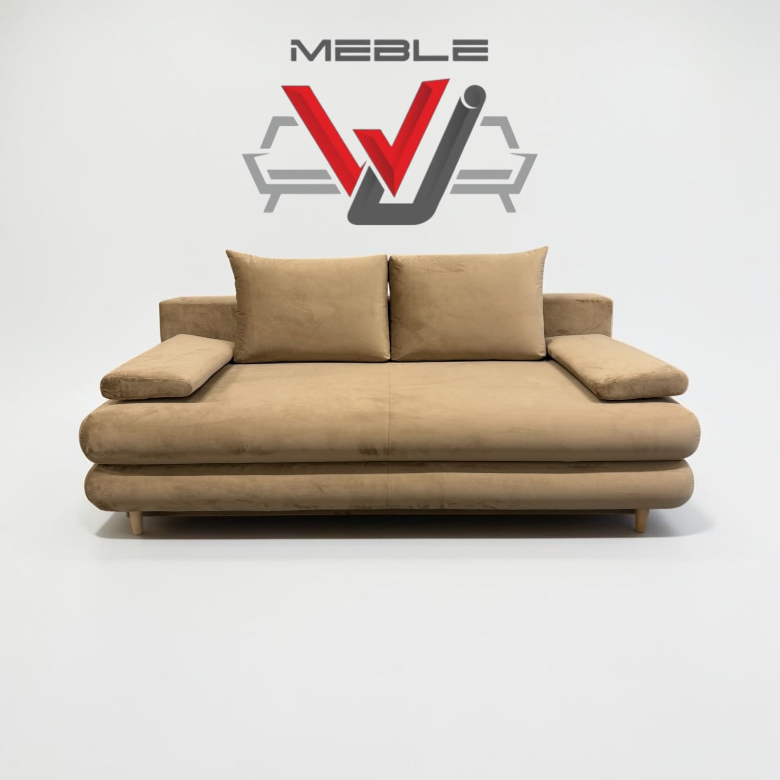 Beiges Polstersofa mit dem WJ-Meble-Logo im Hintergrund